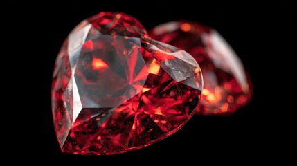 Red heart-shaped gems shine in light against a dark background
