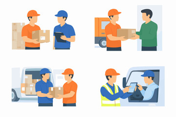 Delivery workers handing over packages and using digital devices for logistics
