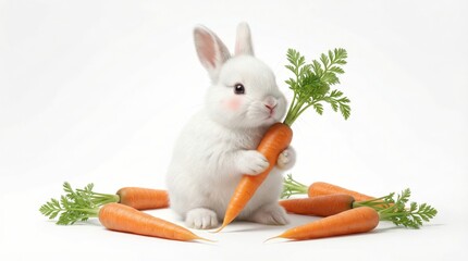 Cute Rabbit with Organic Carrot on White