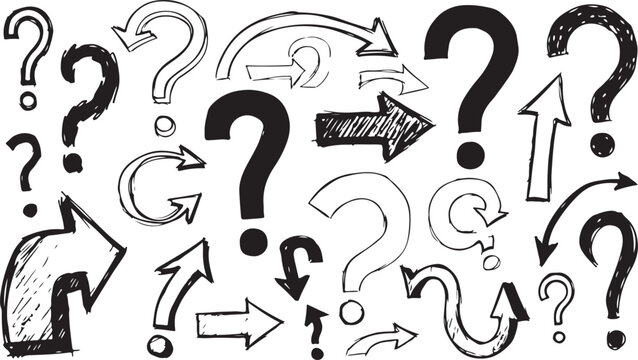Black question marks and arrows pointing in various directions.