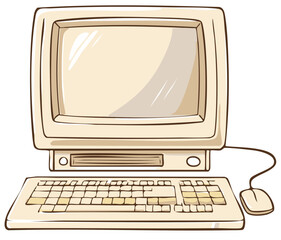 Retro personal computer system with monitor keyboard and mouse illustration