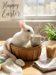Happy Easter Concept with Bunny and Coffee