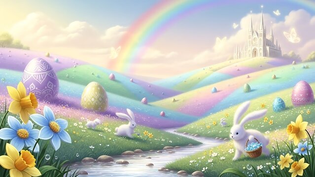 Easter monday magic whimsical easter bunny landscape with rainbow and flowers