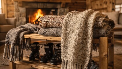Naklejka premium Rustic family suite showcasing thick wool blankets in focus with blurred ski boots below open rack and roaring fireplace in background ready for apresski relaxation.