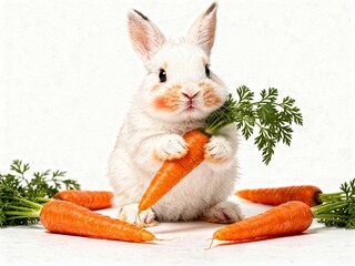Adorable Bunny with Fresh Carrots Studio Photography