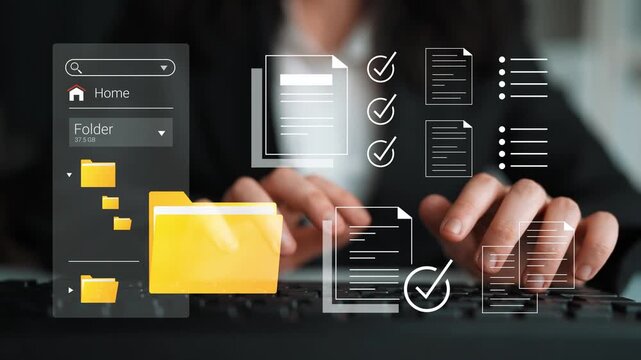 Modern Digital Workspace with Document Management Interface and Business Workflow Visualization on a Keyboard Background Gluon.
