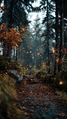 Enchanting Autumn Forest Path Bathed in Golden Sunlight with Falling Leaves, Creating a Magical and Inviting Atmosphere