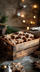 Homemade Gingerbread Star Cookies in Wooden Box with Christmas Lights Fir Branches Xmas
