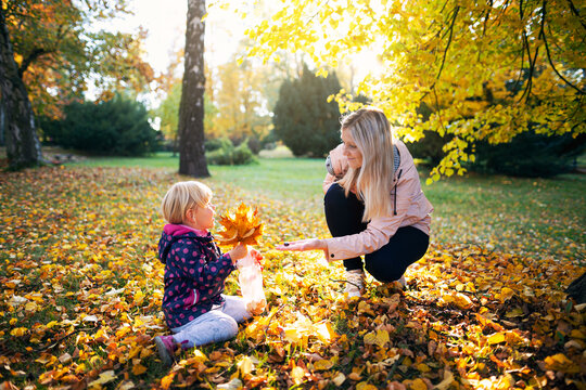 Mum and duaghter are playing with leaves in autumn park. Fallen leaves and sun shines through the trees.