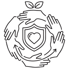 Fototapeta premium Minimalist Line Art Illustration of Human Hands Forming a Protective Circle Around a Heart Shield and Green Leaves, Symbolizing Community Care, Environmental Protection, and Global Unity.