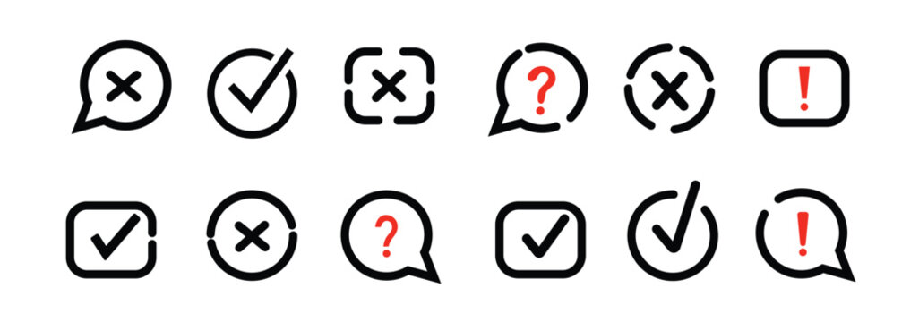 Check tick mark icon set. Cross box x check mark checkbox v list vector draw hand drawn sketch doodle brush marker checklist symbol wrong right circle and exclamation, question mark icons . Vector Ill