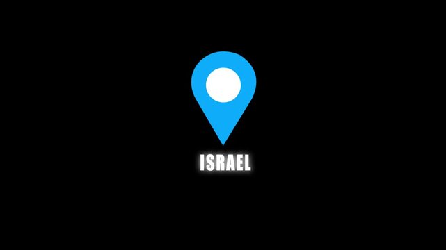 Blue map pin icon with the word Israel on black background