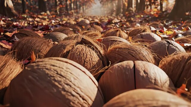 CloseUp View Of Coconut Nuts Lying On The Ground Covered With Autumn Leaves In A Row Towards The Forest With Soft Sunlight Filtering Through The Trees
