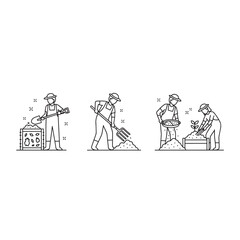 vector illustration of a worker in three different scenes shoveling and moving sand or soil with a shovel isolated on transparent background