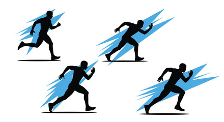 Obraz premium Four runners in dynamic poses against a vibrant blue background silhouette