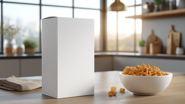 Blank cereal box mockup with bowl of cornflakes on kitchen table