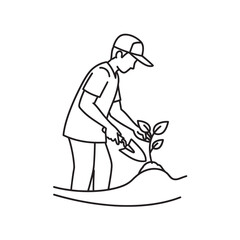 Man planting a small green plant in the ground with a shovel, isolated on transparent background