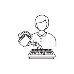 Vector illustration of a person watering seedlings in a tray, isolated on transparent background