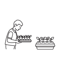 Man holding tray of seedlings next to a plant pot with multiple young plants