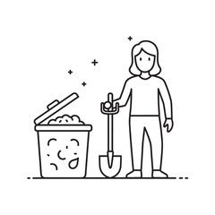 Vector illustration of a woman holding a compost shovel next to a smiling trash can with a lid, isolated on transparent background