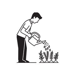 Man watering plants with a watering can, isolated on transparent background