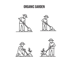 Vector illustration of people gardening with line art style, showing planting, digging and watering in an organic garden