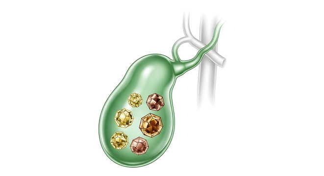 Medical illustration of gallstones in the human gallbladder