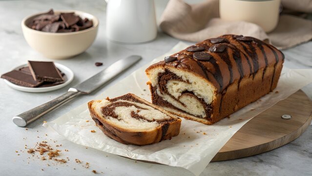 Photorealistic chocolate marble babka loaf with sliced swirl crumb, baking paper and knife, cozy bakery mood for menus and branding
