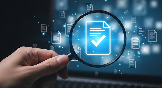 Hand holding magnifying glass examining digital document with approval symbol on computer screen in a technological environment from a close-up viewpoint