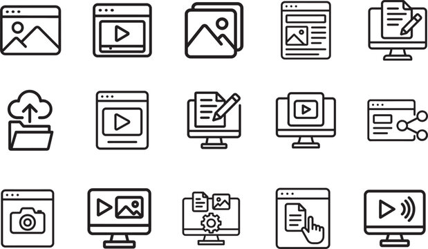 Web content line icons set with photo, video, media and blogging symbols, clean outline vector EPS for UI design.