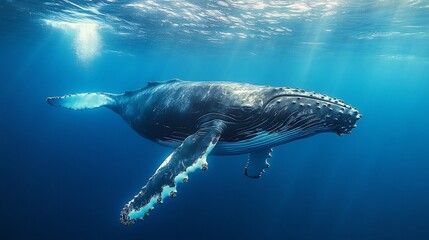 Fototapeta premium Humpback Whale Swimming Underwater in Ocean with Sunlight