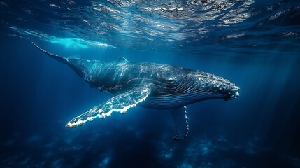 Humpback Whale Swimming Underwater in Ocean with Sunlight