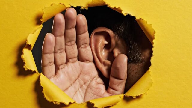 A man peeking through a torn hole in a yellow wall with his hand covering his mouth in a video