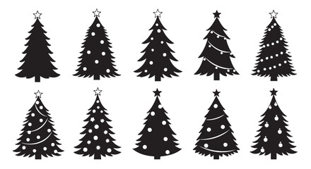Set of ten festive Christmas trees with decorative ornaments isolated