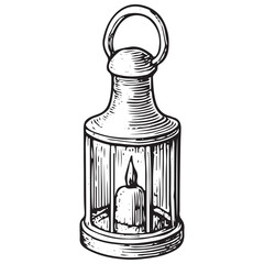 Obraz premium Vintage Medieval Lantern Candle Engraving Retro Rustic Light Illustration Antique Woodcut Line Art
