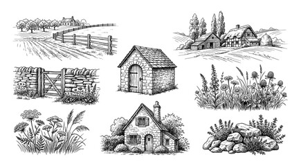 Naklejka premium Collection of rural countryside elements in detailed line art