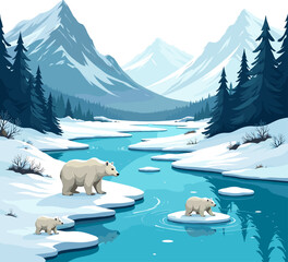 Snowy mountain river landscape with polar bears, icy water, winter forest and frozen arctic scenery