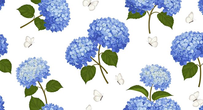 A seamless pattern of blue hydrangea flowers, green leaves and white butterflies on a white background