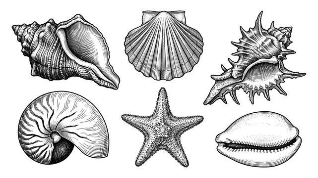 Detailed seashells and starfish collection