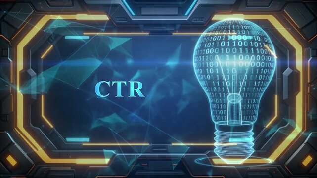 CTR text in a futuristic digital frame with a binary code light bulb, signifying online advertising metrics