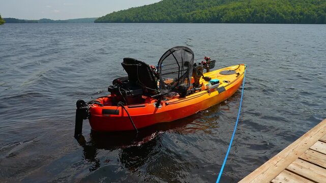 Fully rigged kayak watercraft mooring and tied to boat pier near cottage. Kayaking lake during tournament or fishing derby. Kayak water craft equipment for fishing activities. Recreational watercraft.