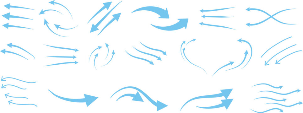 Air flow arrows set. Set of blue arrow showing wind air flow. Vector set of air flow arrows. Blue air flow arrows showing wind circulation and ventilation. Set of blue arrows showing cold air arrows.