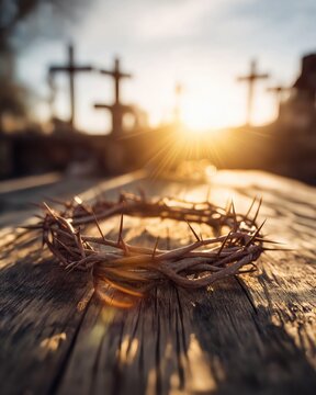 Crown of Thorns at Calvary with Three Crosses and Sunrise Background
