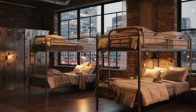 Medium shot of mixed gender urban loftstyle hostel dorm featuring bunk beds with cozy linens and industrial lockers against a blurred city skyline through large windows.