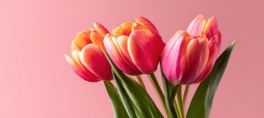 Obraz premium Luminous Pink Tulip Arrangement with Yellow Highlights on Pastel Background