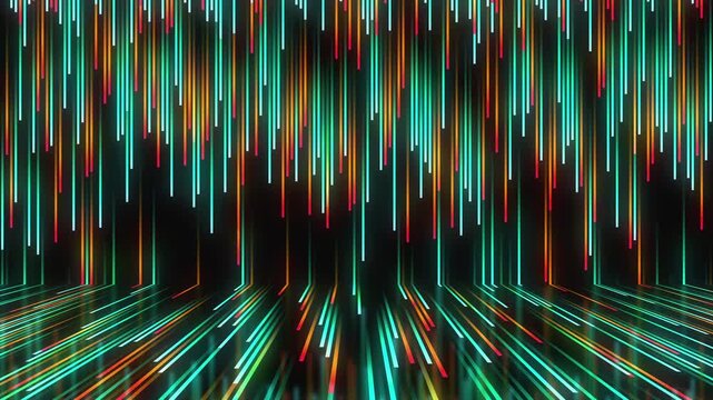 Seamless VJ loop with glowing neon lines falling on mirror floor for high-tech club visuals, electronic music festivals, stage screens and for LED video walls