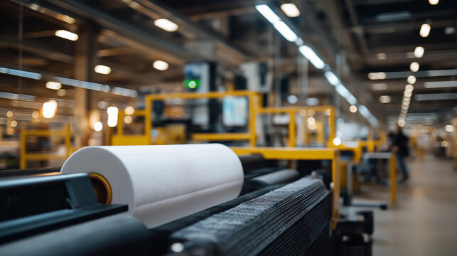 The roll winder machine operates efficiently in a manufacturing facility, demonstrating the intricate process of winding materials into rolls within a high-capacity production line. cinematic color