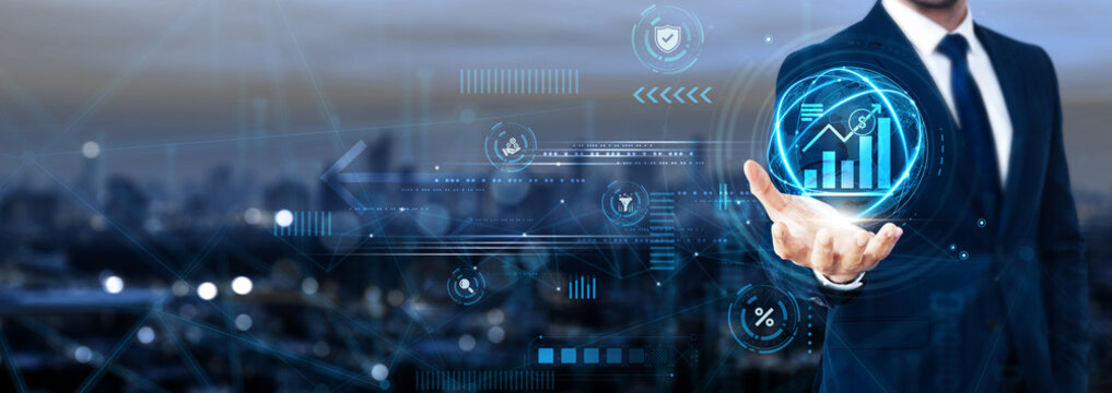 Businessman holding global Accountability network and corporate governance, transparent management, risk control, ethical leadership, compliance standards, responsible business, performance metrics