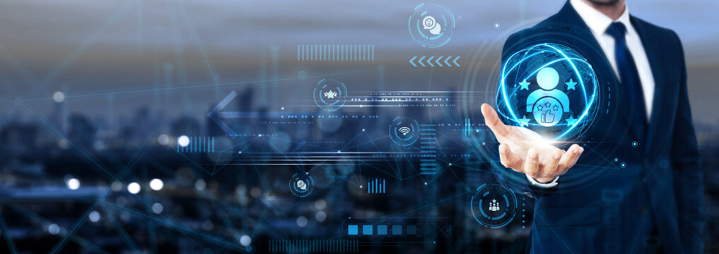 Businessman holding global customer satisfaction network and client engagement, service excellence, feedback analysis, quality improvement, loyalty programs, experience management