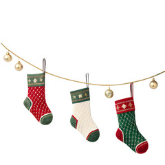 Christmas Stockings Garland Hanging on String Isolated on Transparent Background PNG